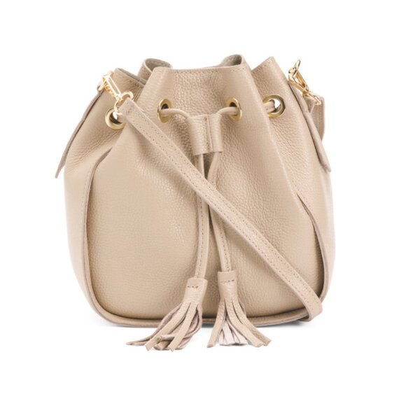 CHEVAL Taupe Made In Italy Leather Tassel Strings Bucket Hobo - Picture 1 of 2